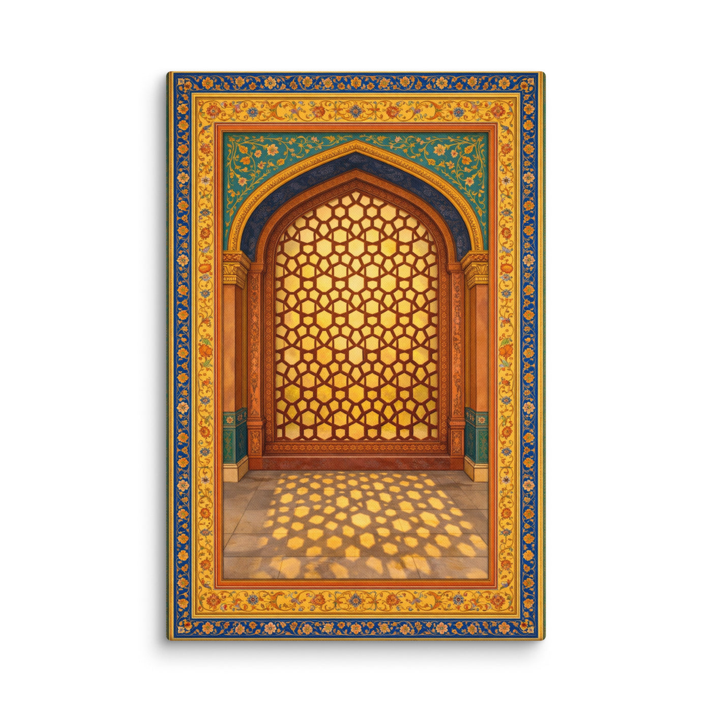 Golden Mughal Arch Canvas Wall Art – Indian Architectural Jali Window, Blue & Gold Palace Inspired Cultural Decor — view 3