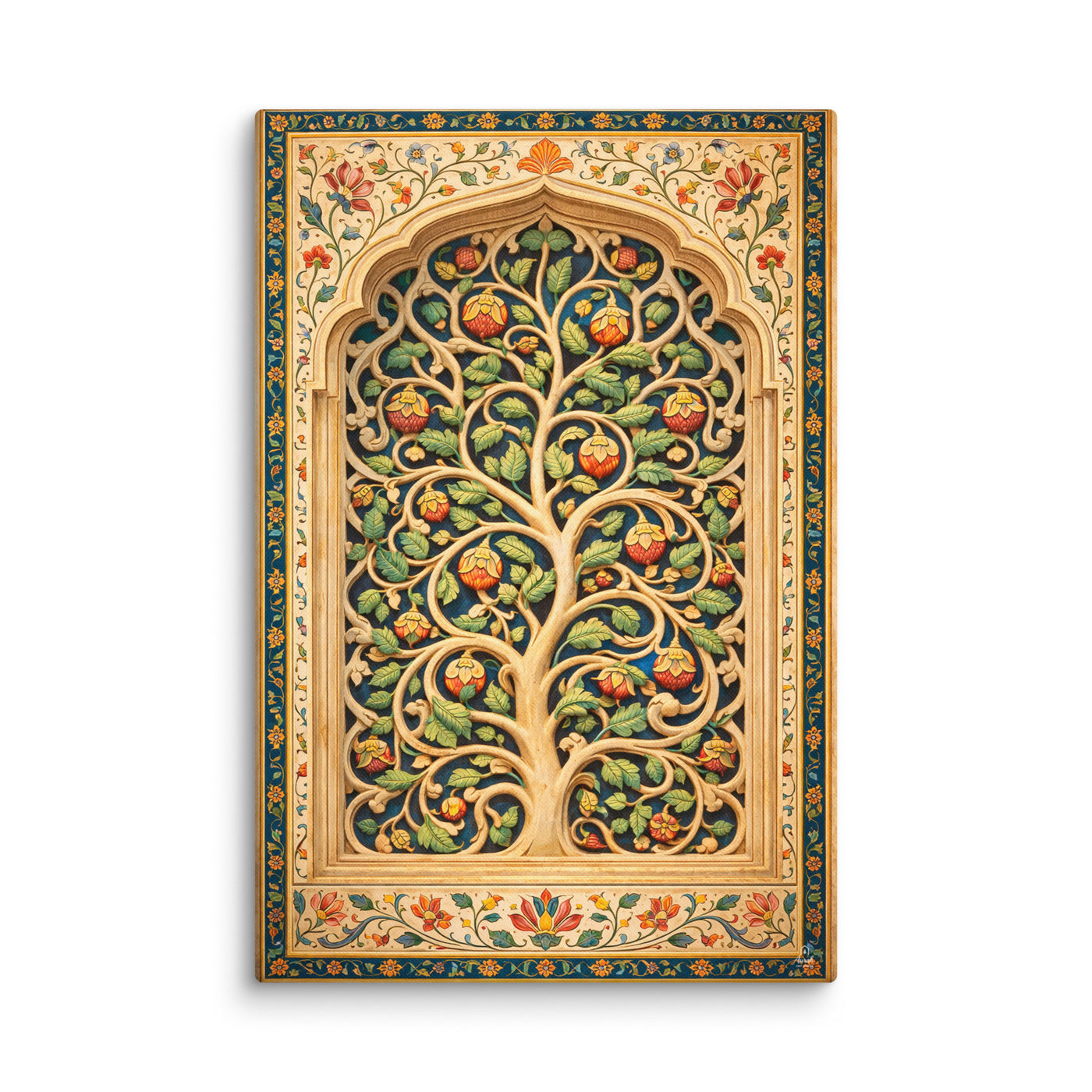 Mughal Tree of Life Wall Art, Curvilinear Vine Canvas, Indian Botanical Decor, Blue Gold Floral Artwork, Sidi Sayyid Inspired Art — view 3