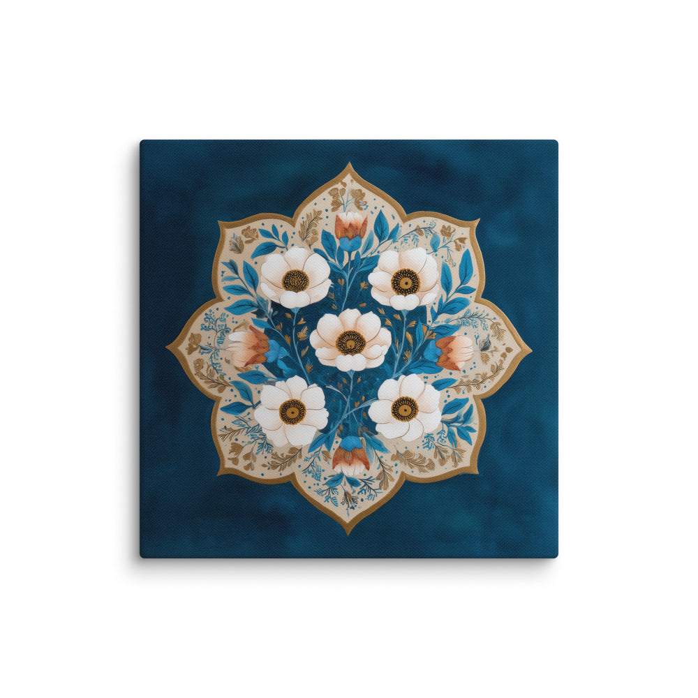 Blue Garden Reverie – Mughal Floral Medallion Canvas Art with Ivory Blossoms & Gold Detailing — view 3