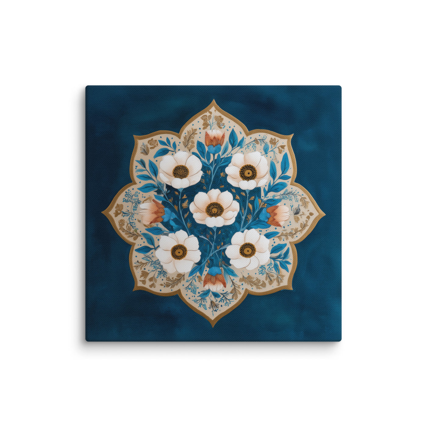Blue Garden Reverie – Mughal Floral Medallion Canvas Art with Ivory Blossoms & Gold Detailing — view 3