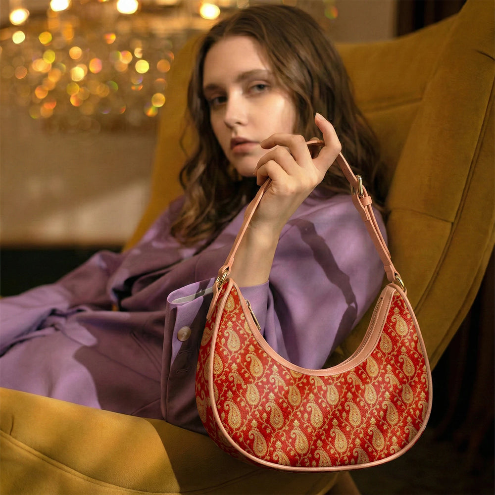 Zari Buti — Red & Gold Crescent Shoulder Bag — view 18