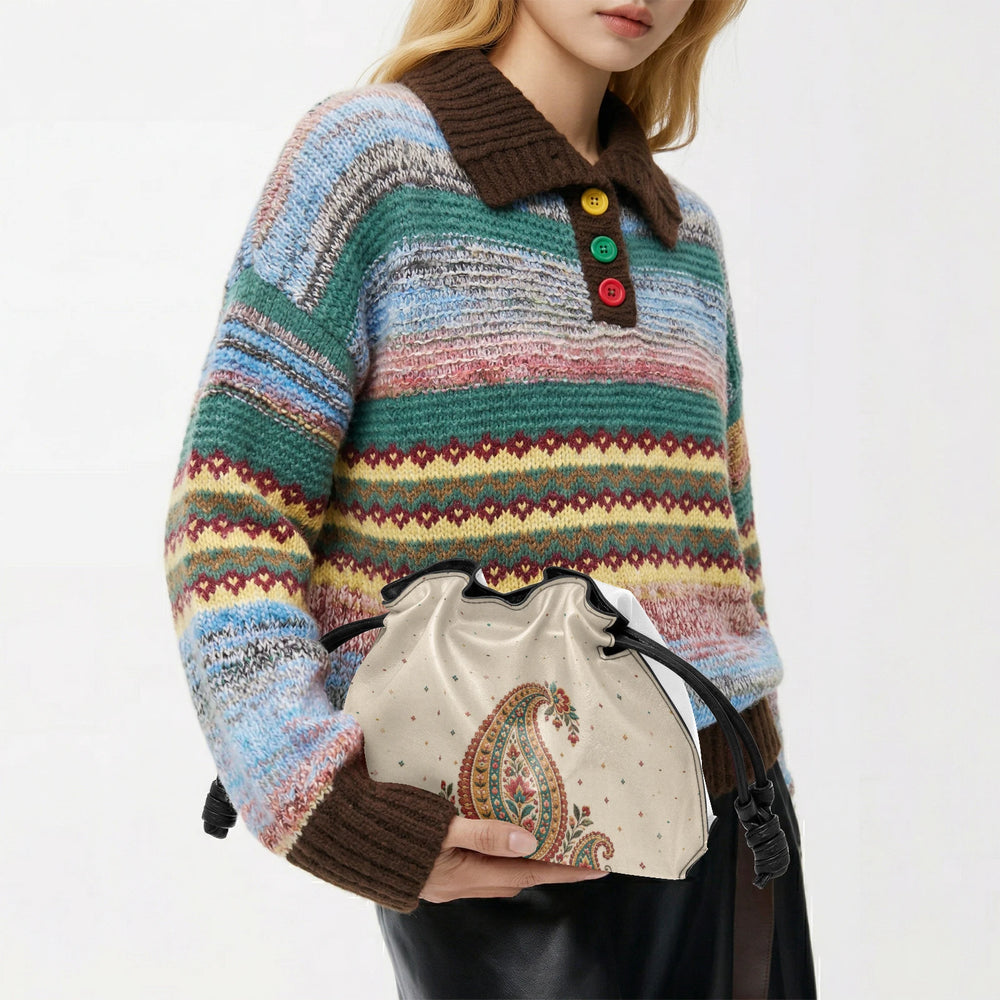 Embroidered Buta — Ivory Drawstring Pouch Bag — view 7