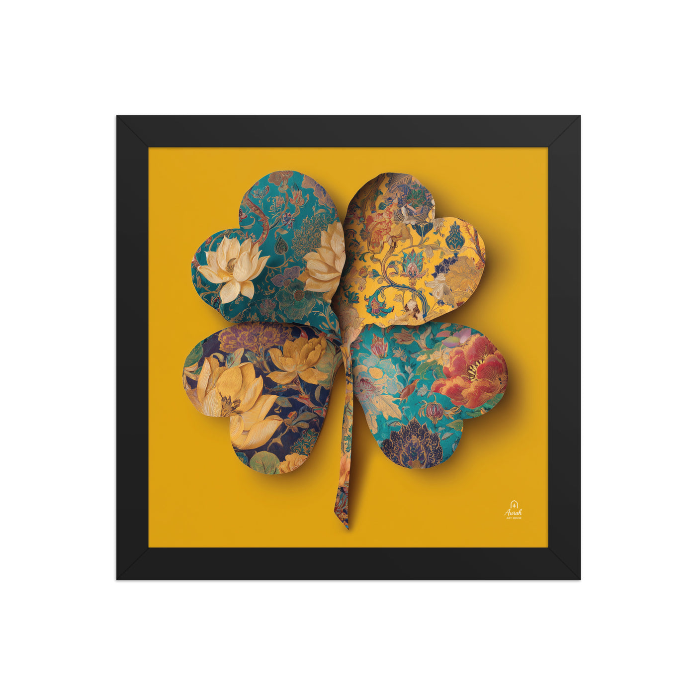 Four Gardens in Saffron - Mughal Floral Canvas & Framed Wall Art, Saffron Clover Print, Indian Botanical Decor, Gold Teal Lotus Art — view 4