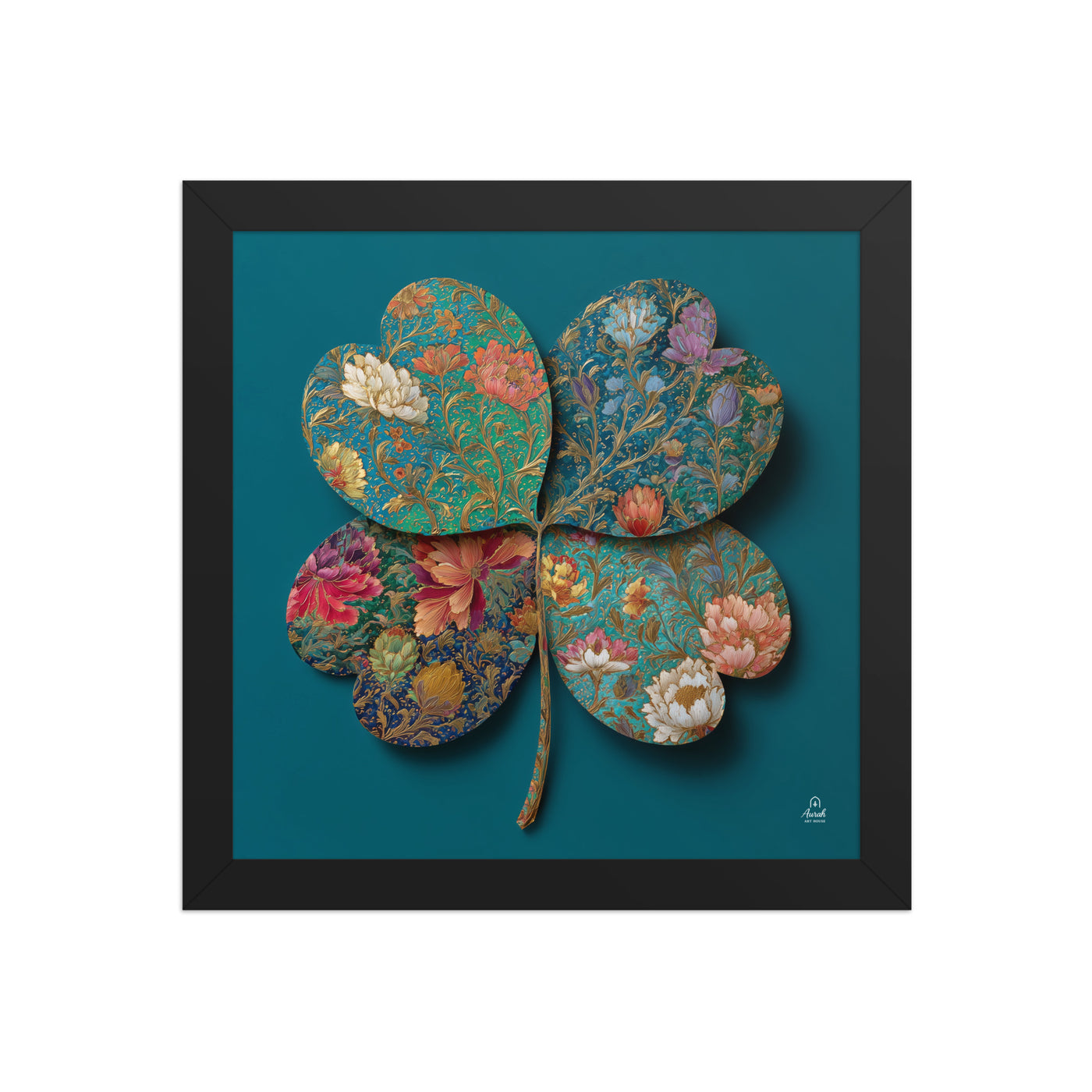 Four Gardens in Teal — Mughal Floral Canvas & Framed Wall Art, Peacock Blue Clover Print, Indian Botanical Decor, Sage Rose Teal Lotus Art — view 9