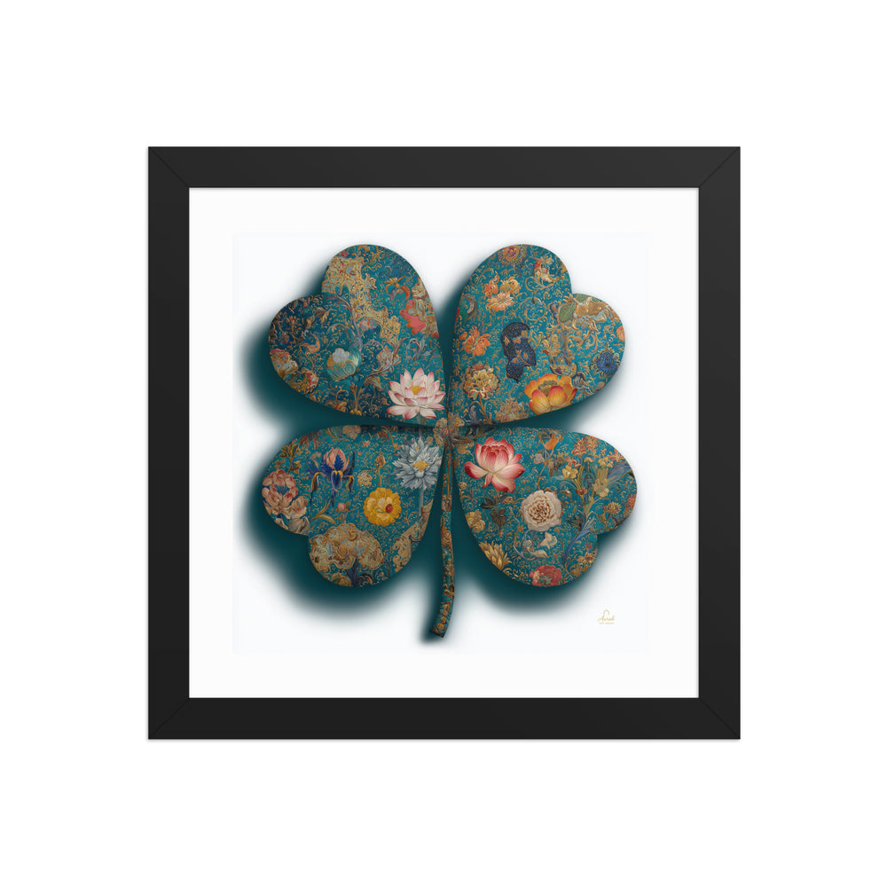 The Clover of a Thousand Blooms — Mughal Floral Canvas & Framed Wall Art, Teal Gold Clover Print, Indian Botanical Decor, Lotus Peony Marigold Art — view 15