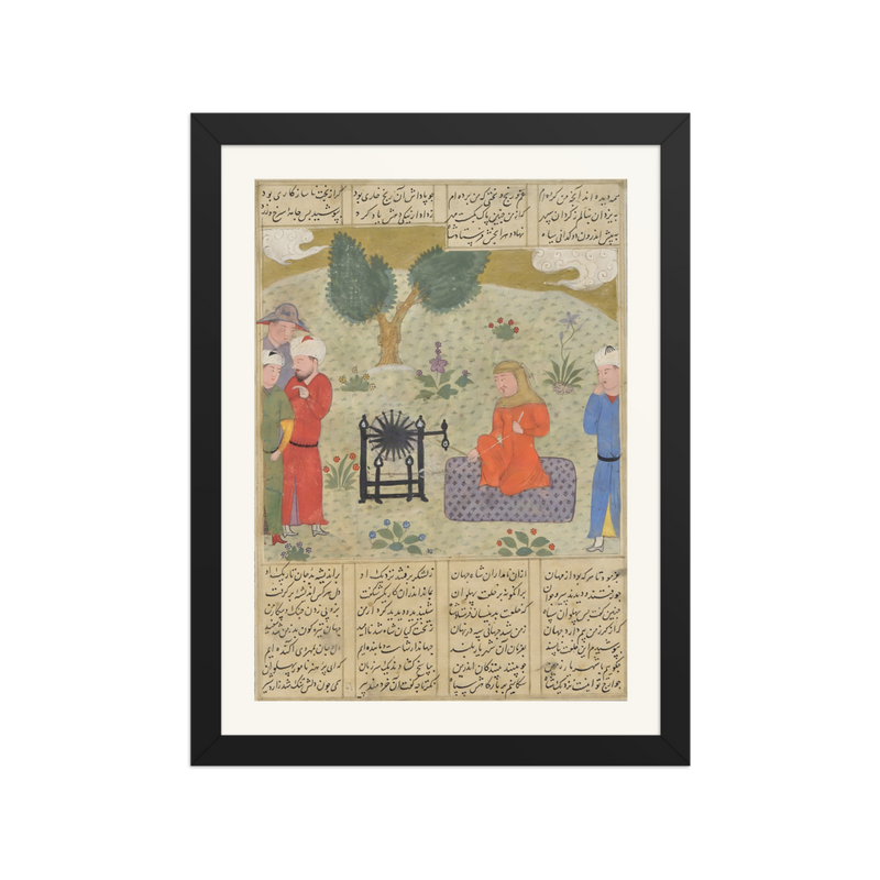 Bahram Chubina Spins Yarn in Women's Clothing — Shahnama, c.1480