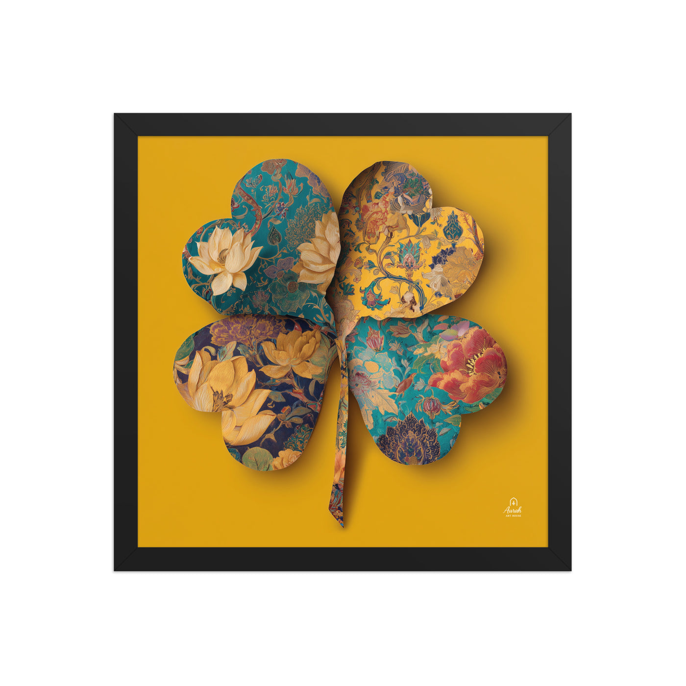 Four Gardens in Saffron - Mughal Floral Canvas & Framed Wall Art, Saffron Clover Print, Indian Botanical Decor, Gold Teal Lotus Art — view 9