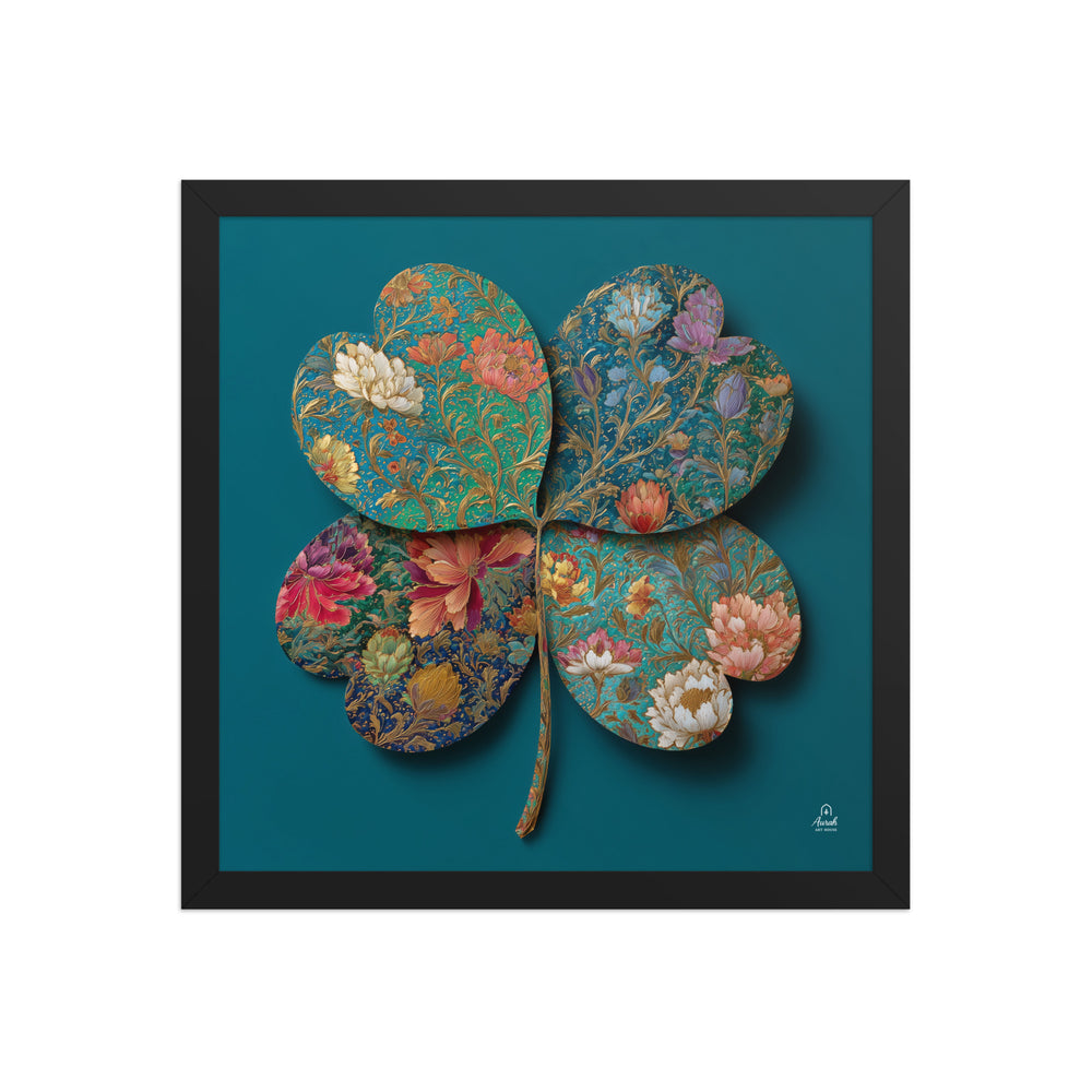 Four Gardens in Teal — Mughal Floral Canvas & Framed Wall Art, Peacock Blue Clover Print, Indian Botanical Decor, Sage Rose Teal Lotus Art — view 4