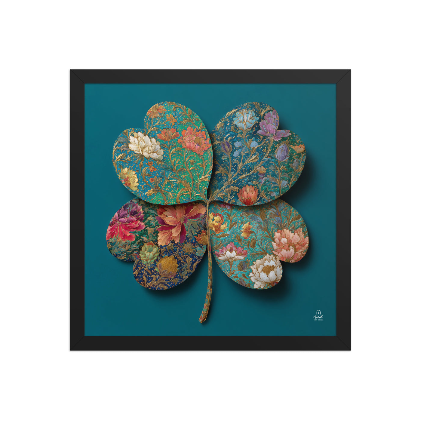 Four Gardens in Teal — Mughal Floral Canvas & Framed Wall Art, Peacock Blue Clover Print, Indian Botanical Decor, Sage Rose Teal Lotus Art — view 4