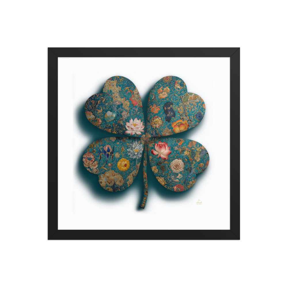 The Clover of a Thousand Blooms — Mughal Floral Canvas & Framed Wall Art, Teal Gold Clover Print, Indian Botanical Decor, Lotus Peony Marigold Art — view 12