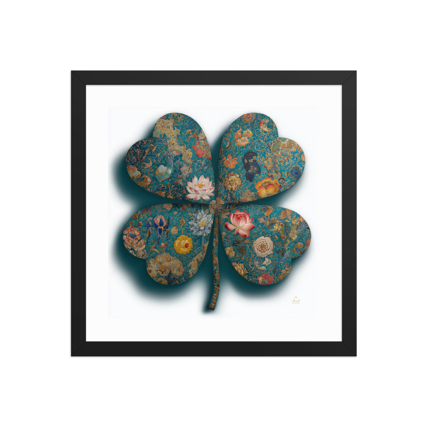 The Clover of a Thousand Blooms — Mughal Floral Canvas & Framed Wall Art, Teal Gold Clover Print, Indian Botanical Decor, Lotus Peony Marigold Art — view 12