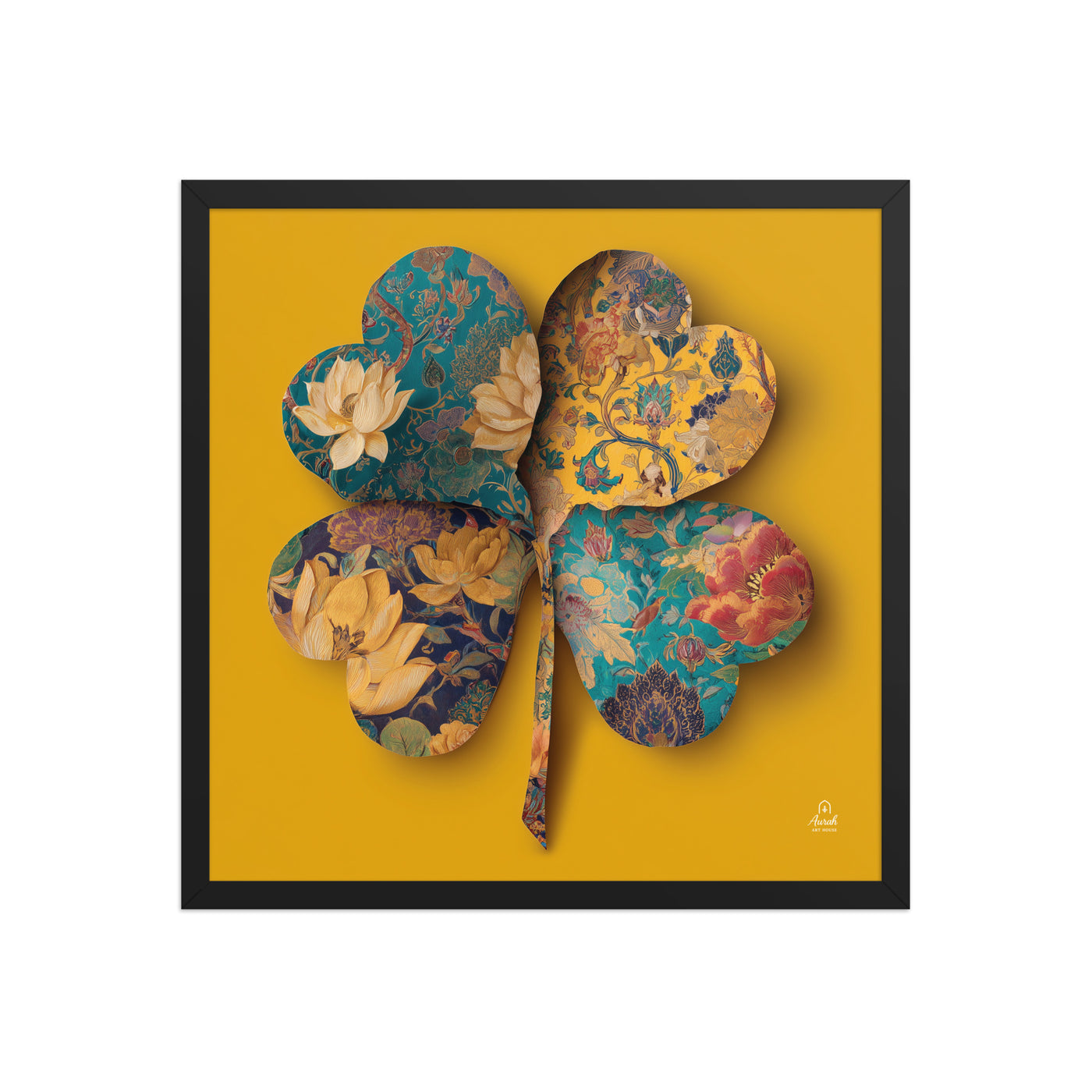 Four Gardens in Saffron - Mughal Floral Canvas & Framed Wall Art, Saffron Clover Print, Indian Botanical Decor, Gold Teal Lotus Art — view 6