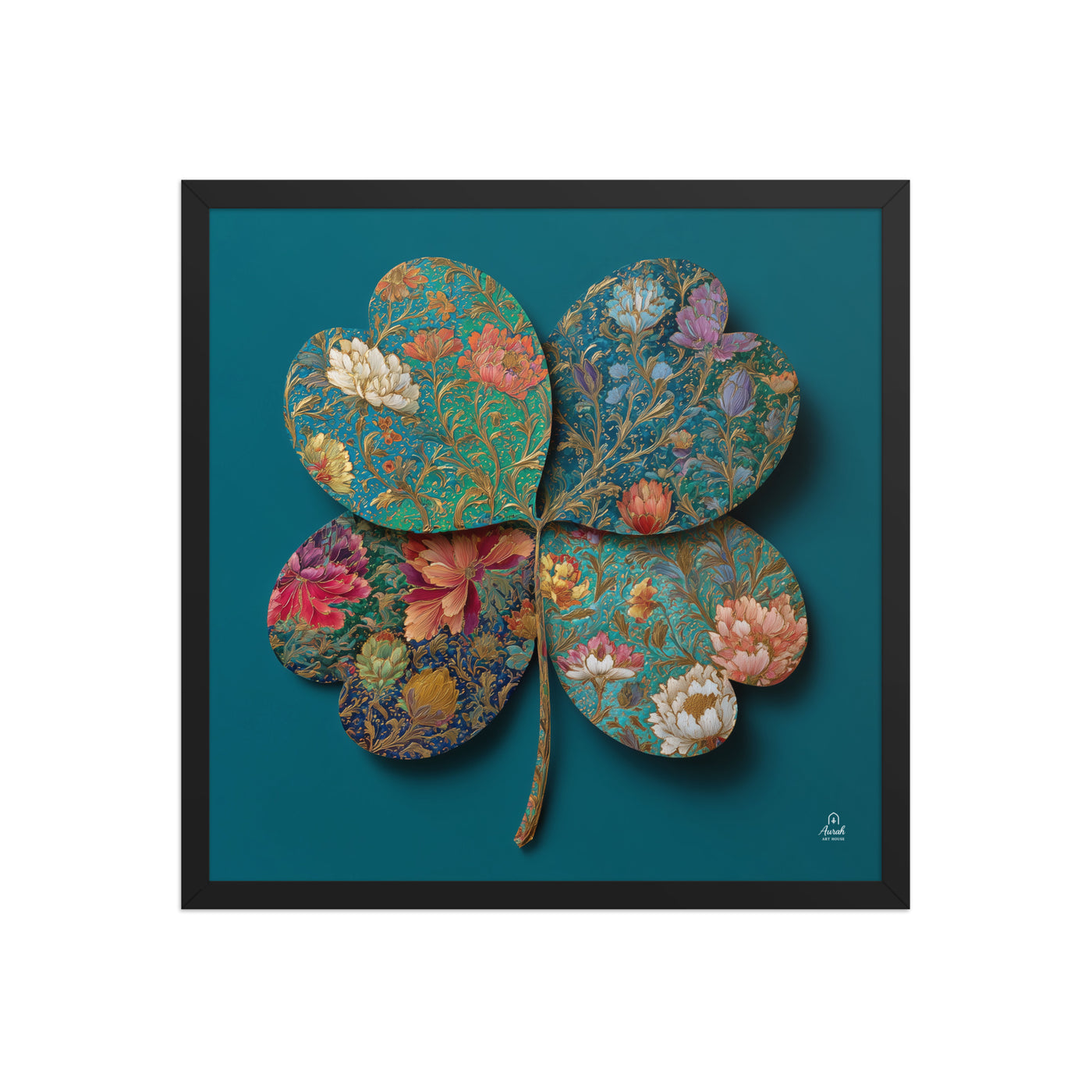 Four Gardens in Teal — Mughal Floral Canvas & Framed Wall Art, Peacock Blue Clover Print, Indian Botanical Decor, Sage Rose Teal Lotus Art — view 7