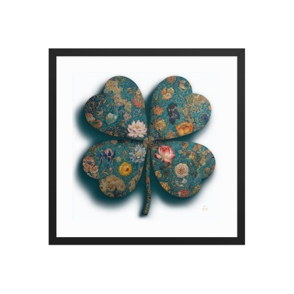 The Clover of a Thousand Blooms — Mughal Floral Canvas & Framed Wall Art, Teal Gold Clover Print, Indian Botanical Decor, Lotus Peony Marigold Art — view 10