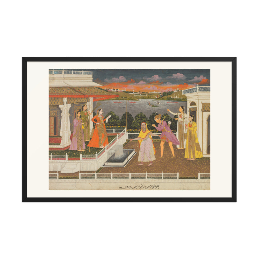 A blindfolded suitor is brought before a princess; verso: scrolling — Restored Mughal Wall Art — view 8