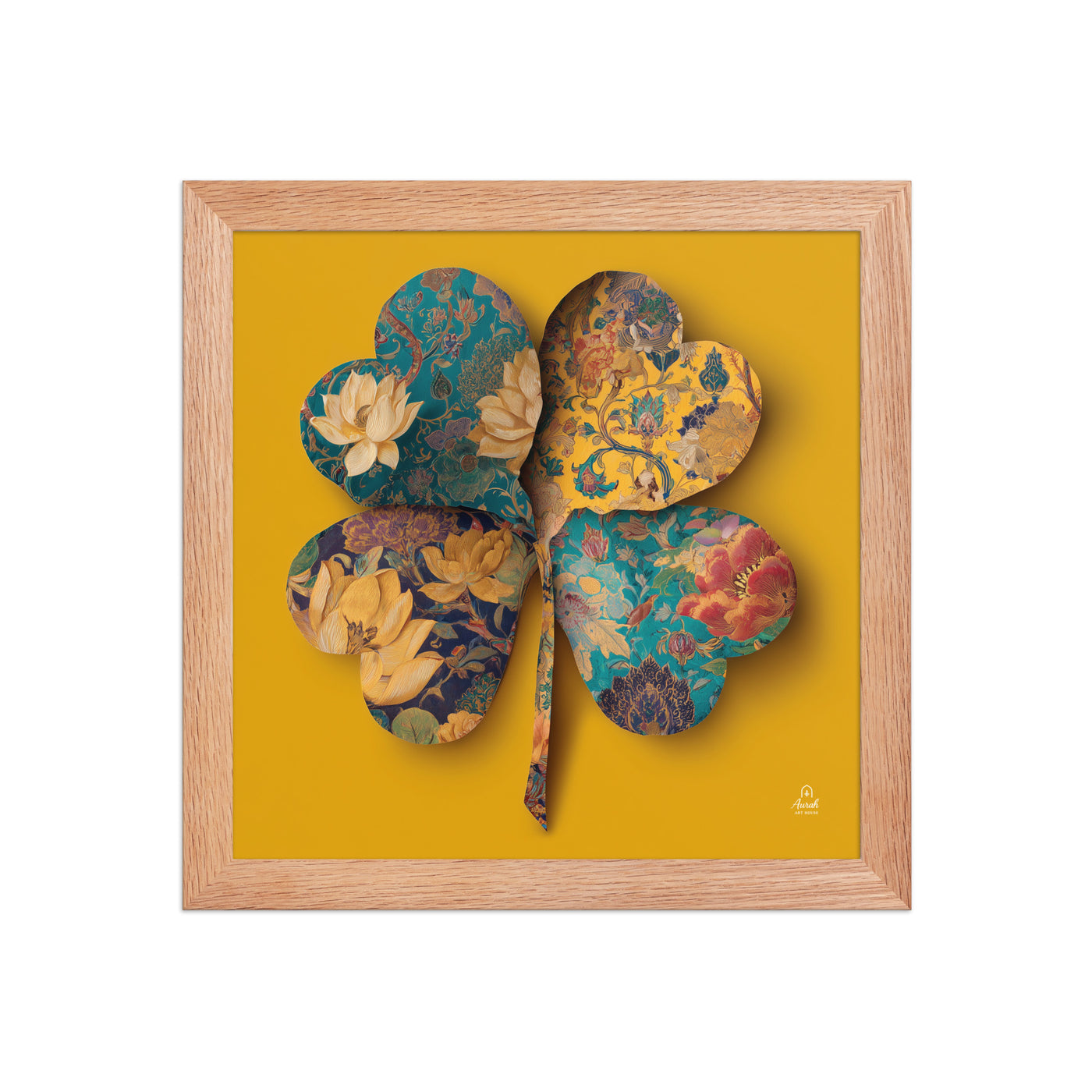 Four Gardens in Saffron - Mughal Floral Canvas & Framed Wall Art, Saffron Clover Print, Indian Botanical Decor, Gold Teal Lotus Art — view 3