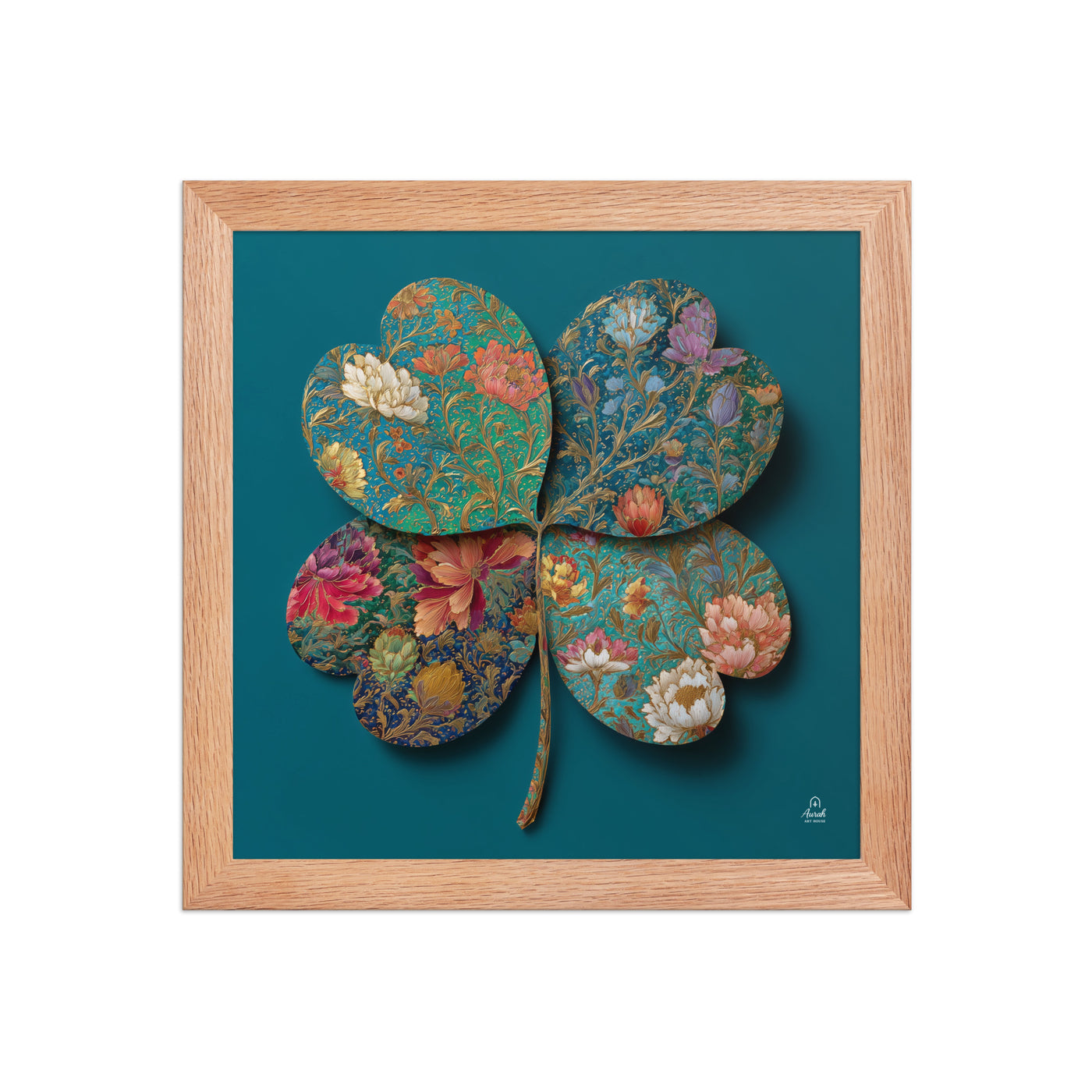 Four Gardens in Teal — Mughal Floral Canvas & Framed Wall Art, Peacock Blue Clover Print, Indian Botanical Decor, Sage Rose Teal Lotus Art — view 8