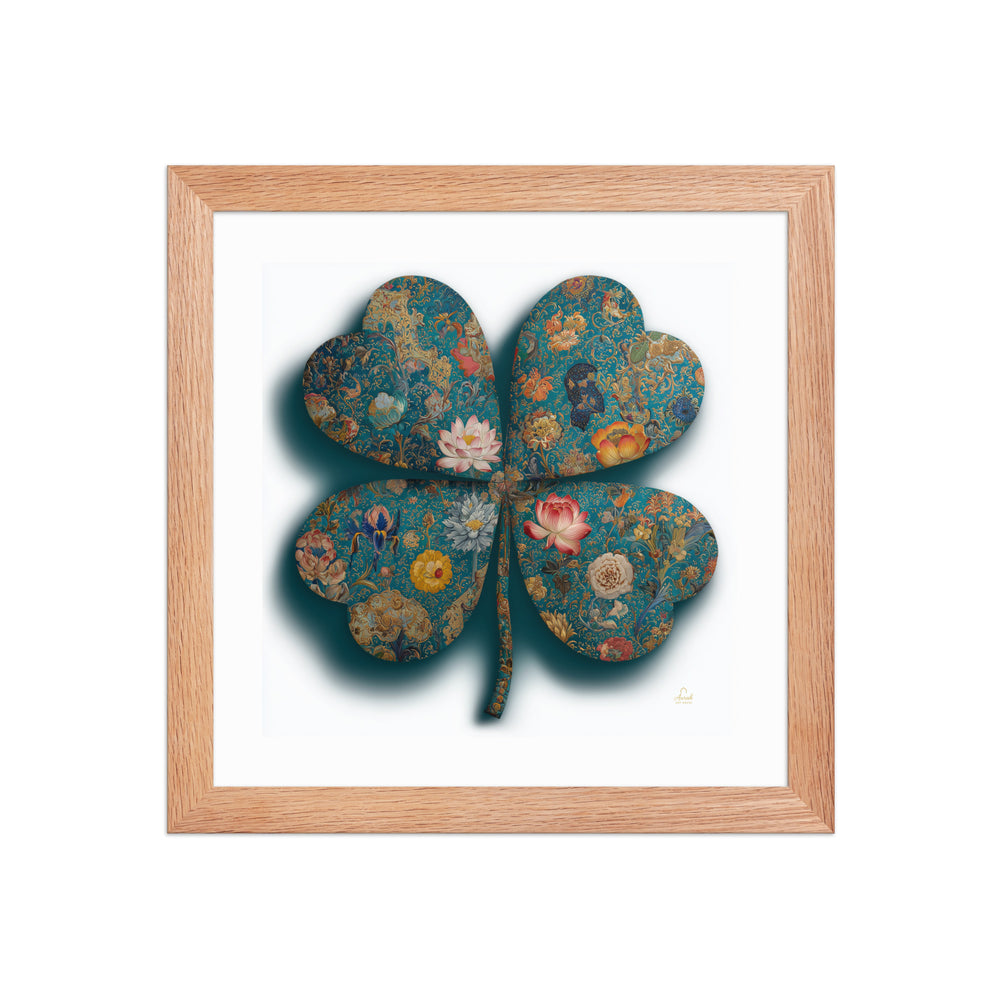 The Clover of a Thousand Blooms — Mughal Floral Canvas & Framed Wall Art, Teal Gold Clover Print, Indian Botanical Decor, Lotus Peony Marigold Art — view 14