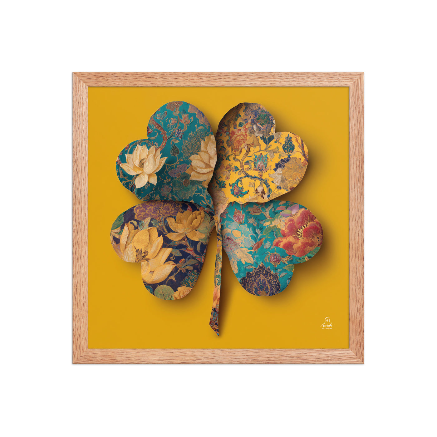 Four Gardens in Saffron - Mughal Floral Canvas & Framed Wall Art, Saffron Clover Print, Indian Botanical Decor, Gold Teal Lotus Art — view 8