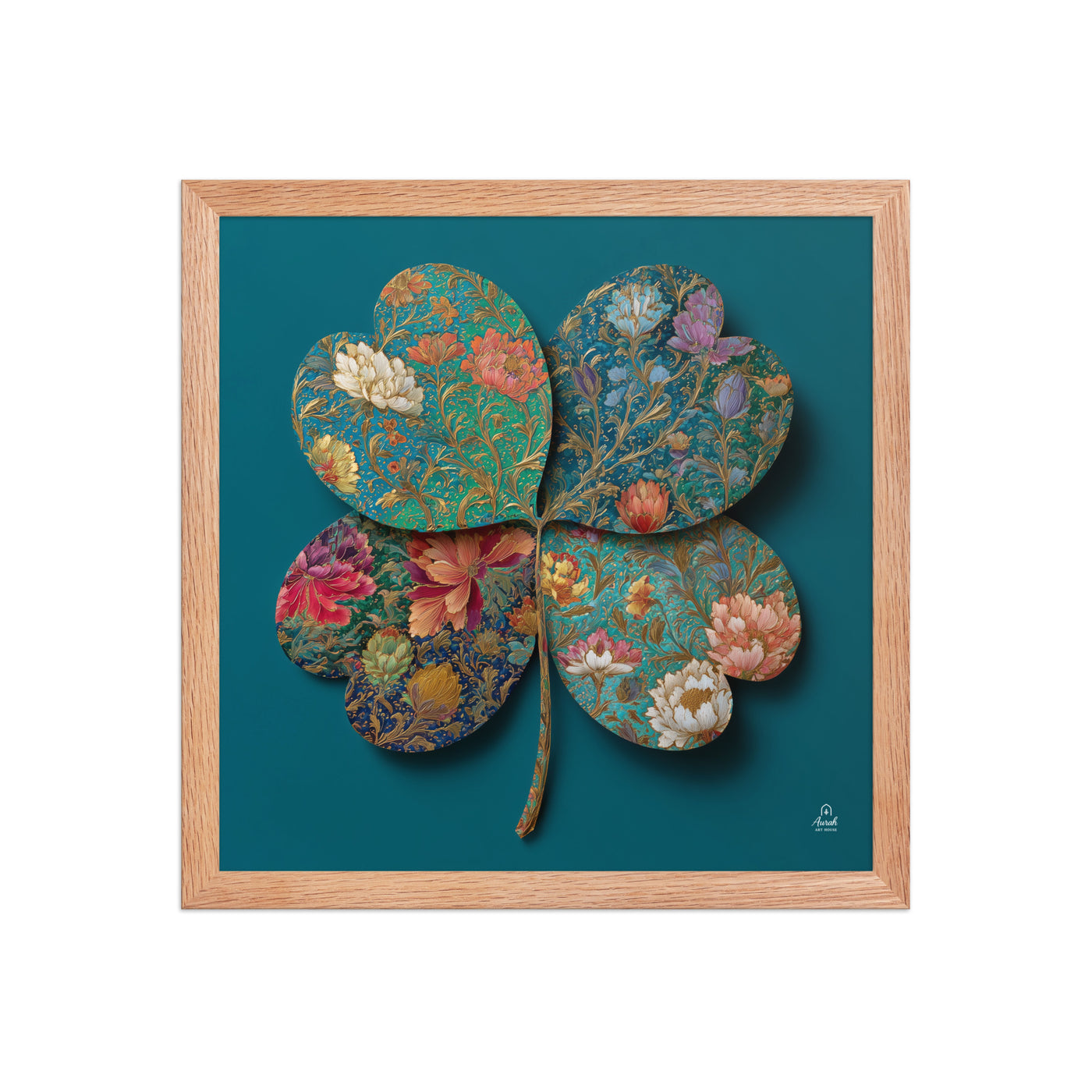 Four Gardens in Teal — Mughal Floral Canvas & Framed Wall Art, Peacock Blue Clover Print, Indian Botanical Decor, Sage Rose Teal Lotus Art — view 3