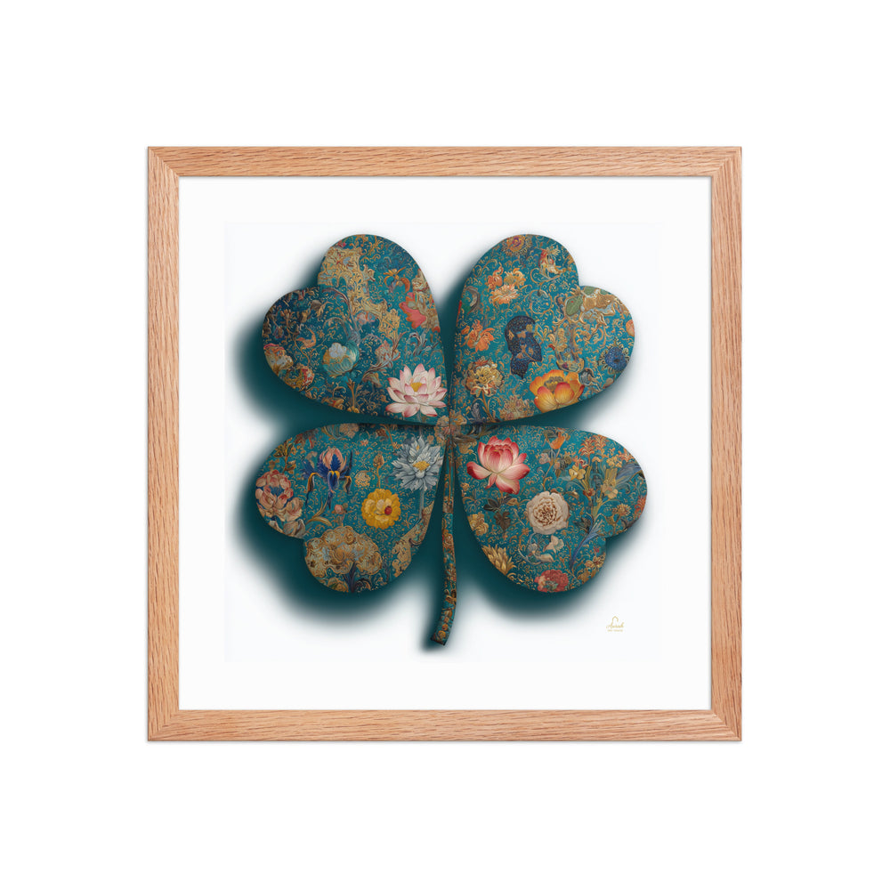 The Clover of a Thousand Blooms — Mughal Floral Canvas & Framed Wall Art, Teal Gold Clover Print, Indian Botanical Decor, Lotus Peony Marigold Art — view 11