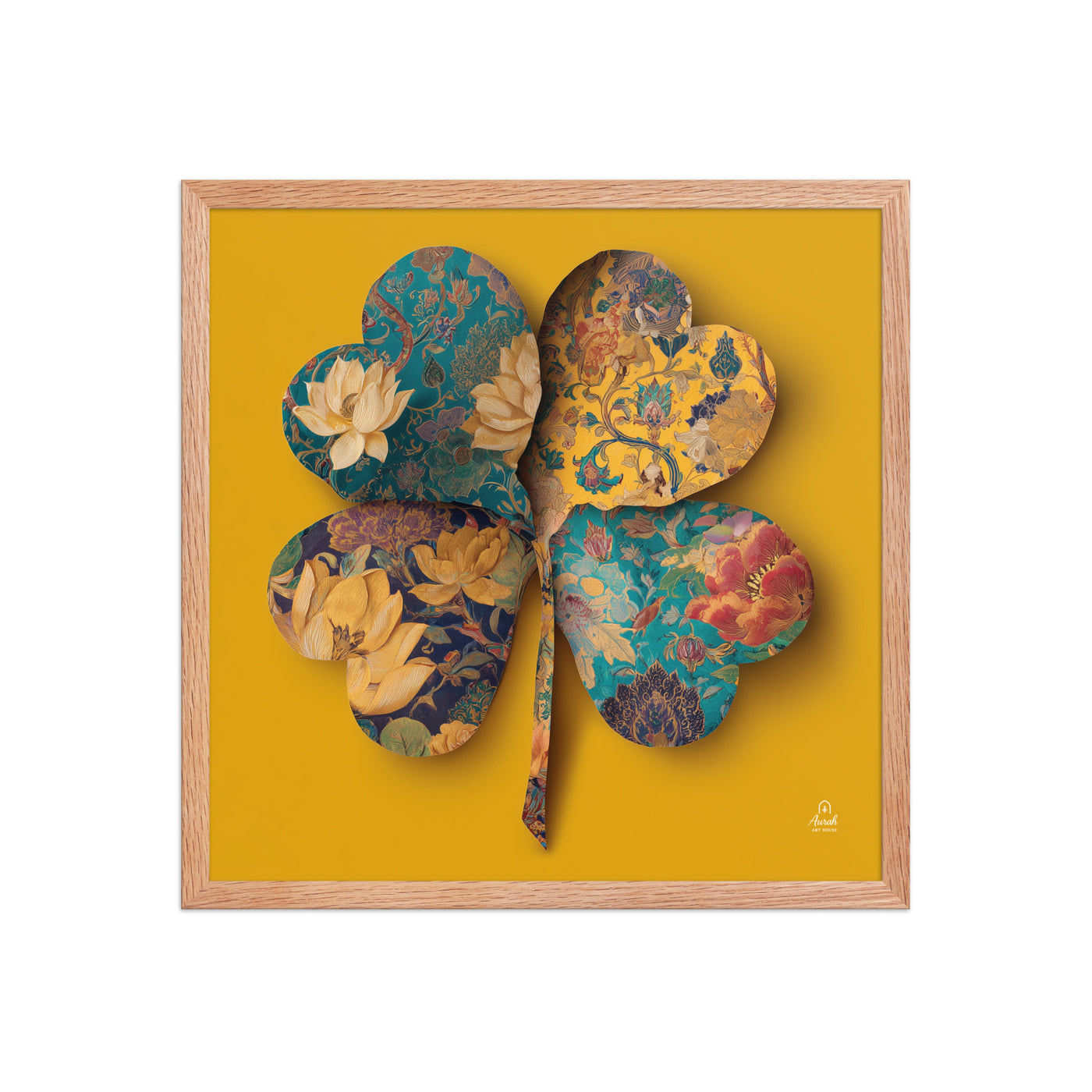 Four Gardens in Saffron - Mughal Floral Canvas & Framed Wall Art, Saffron Clover Print, Indian Botanical Decor, Gold Teal Lotus Art — view 5