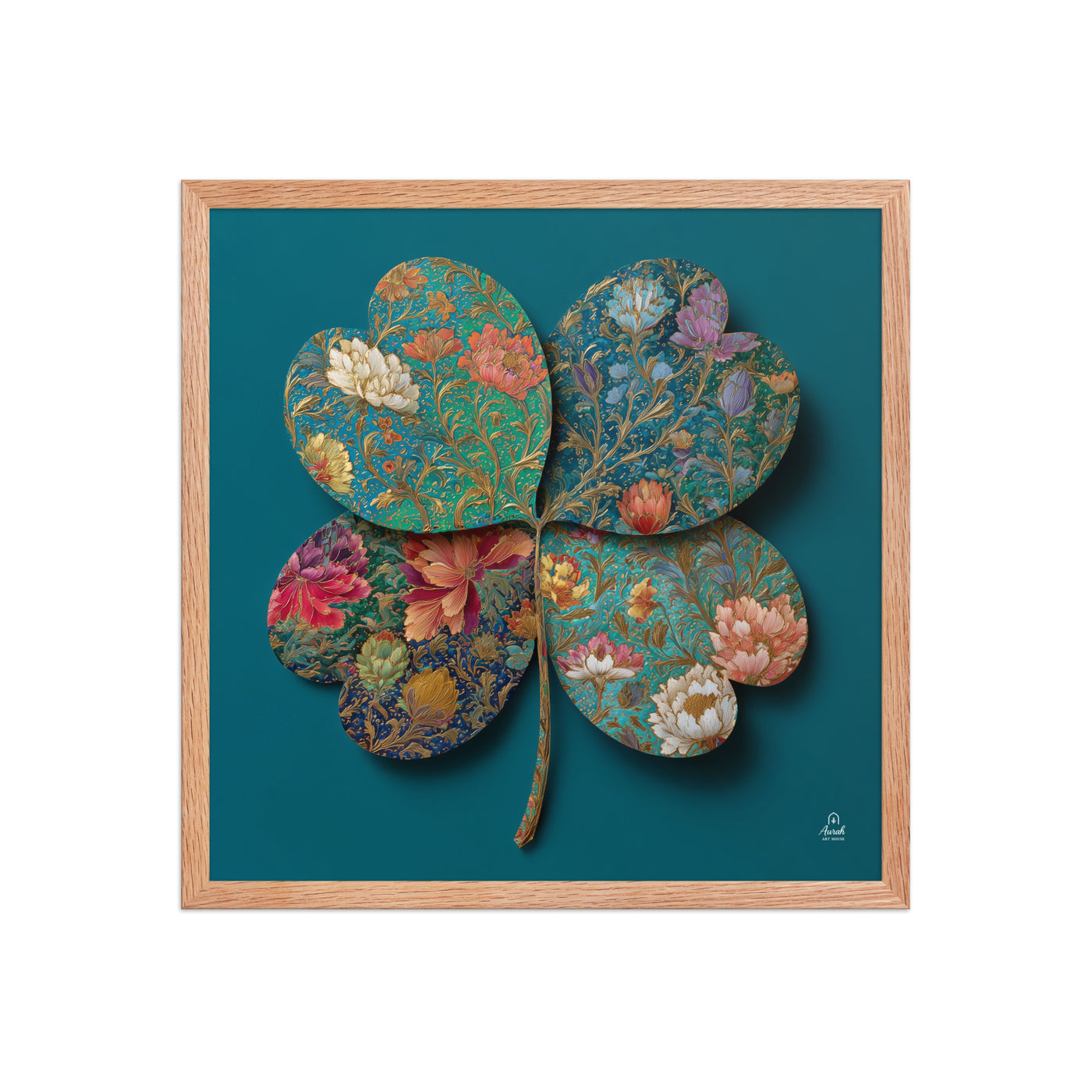 Four Gardens in Teal — Mughal Floral Canvas & Framed Wall Art, Peacock Blue Clover Print, Indian Botanical Decor, Sage Rose Teal Lotus Art — view 6