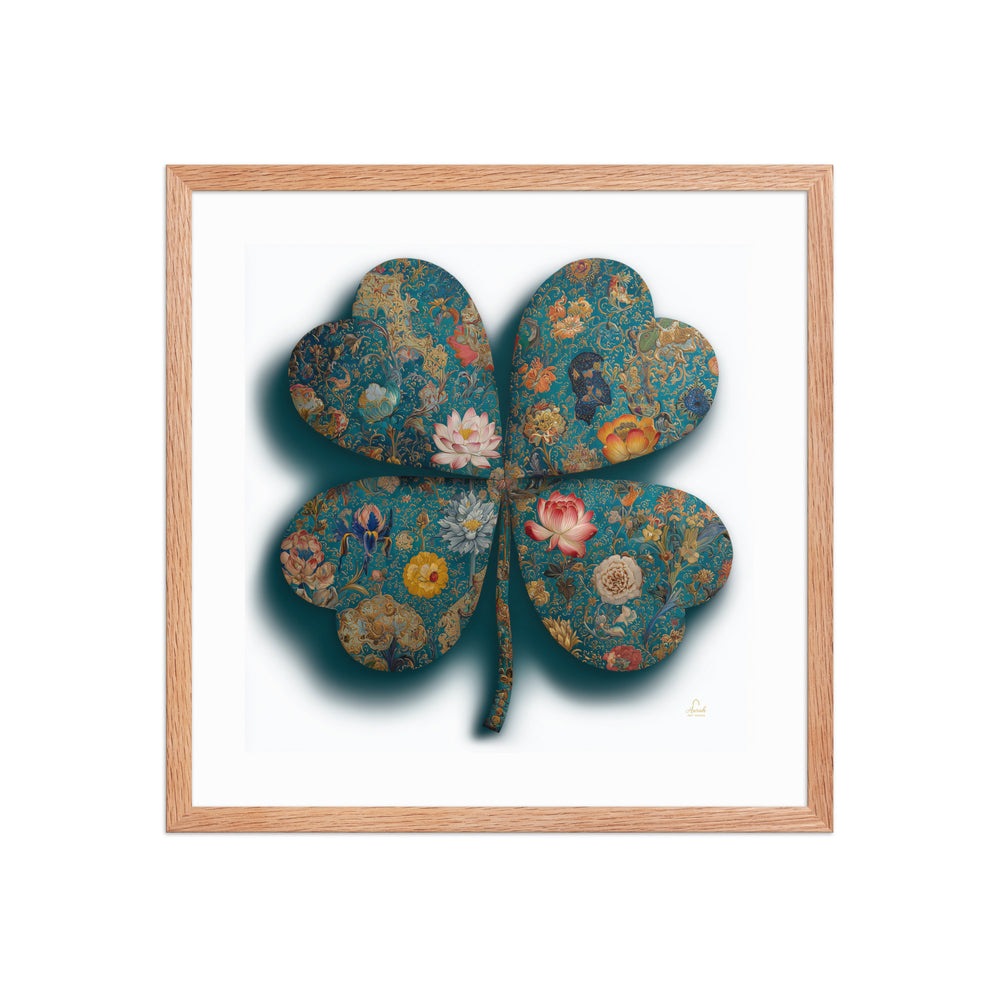 The Clover of a Thousand Blooms — Mughal Floral Canvas & Framed Wall Art, Teal Gold Clover Print, Indian Botanical Decor, Lotus Peony Marigold Art — view 9