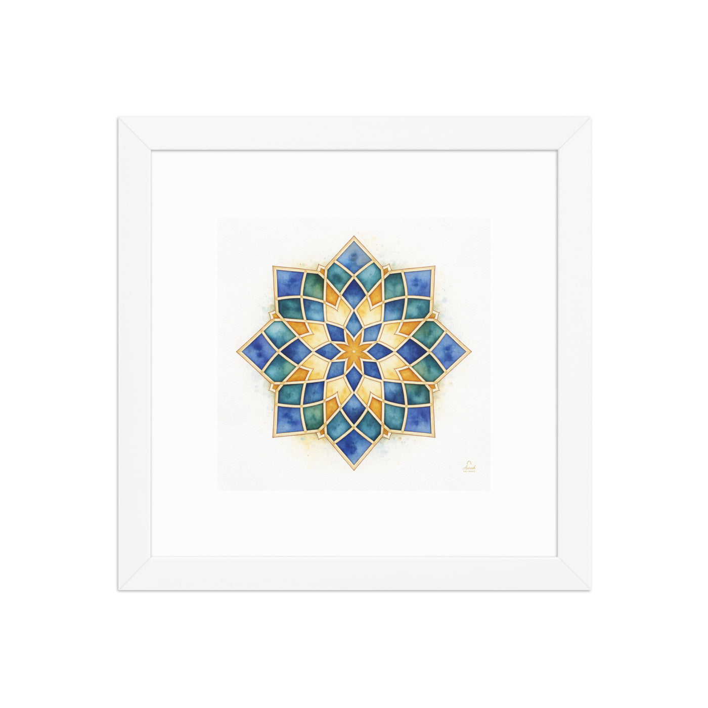 Islamic Geometric Star Pattern Canvas | Mughal Sacred Geometry Wall Art in Sapphire Blue, Teal & Gold — view 3
