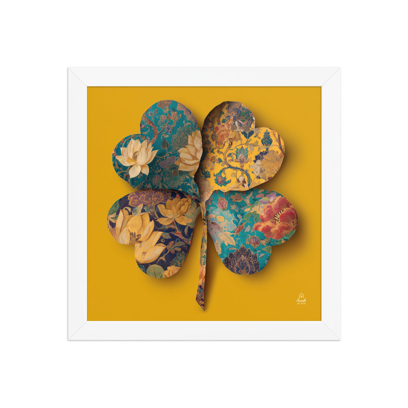 Four Gardens in Saffron - Mughal Floral Canvas & Framed Wall Art, Saffron Clover Print, Indian Botanical Decor, Gold Teal Lotus Art — view 2