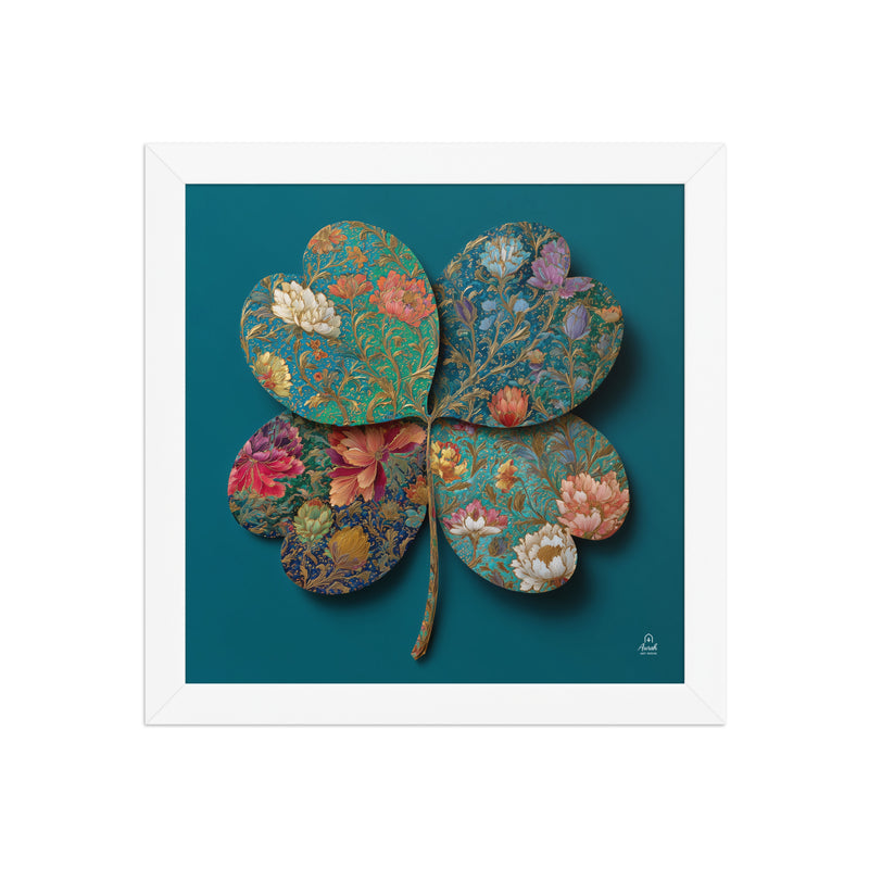 Four Gardens in Teal — Mughal Floral Canvas & Framed Wall Art, Peacock Blue Clover Print, Indian Botanical Decor, Sage Rose Teal Lotus Art