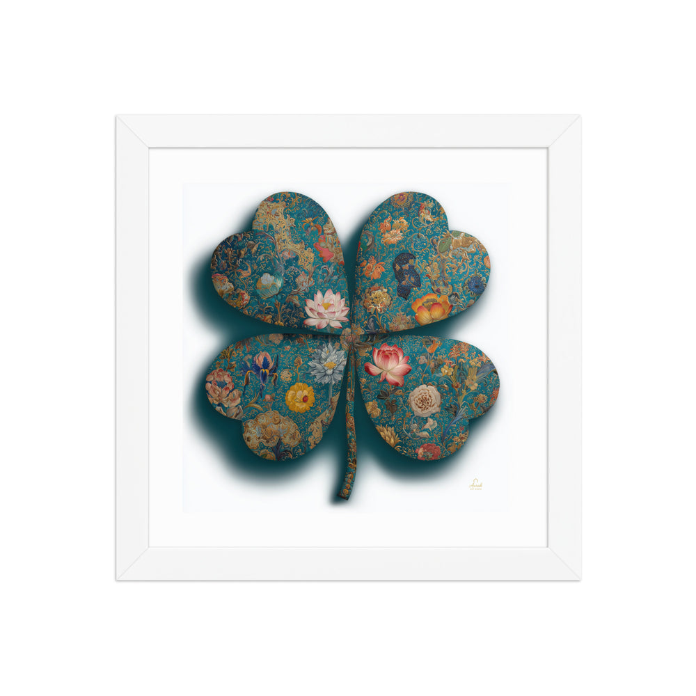 The Clover of a Thousand Blooms — Mughal Floral Canvas & Framed Wall Art, Teal Gold Clover Print, Indian Botanical Decor, Lotus Peony Marigold Art — view 13