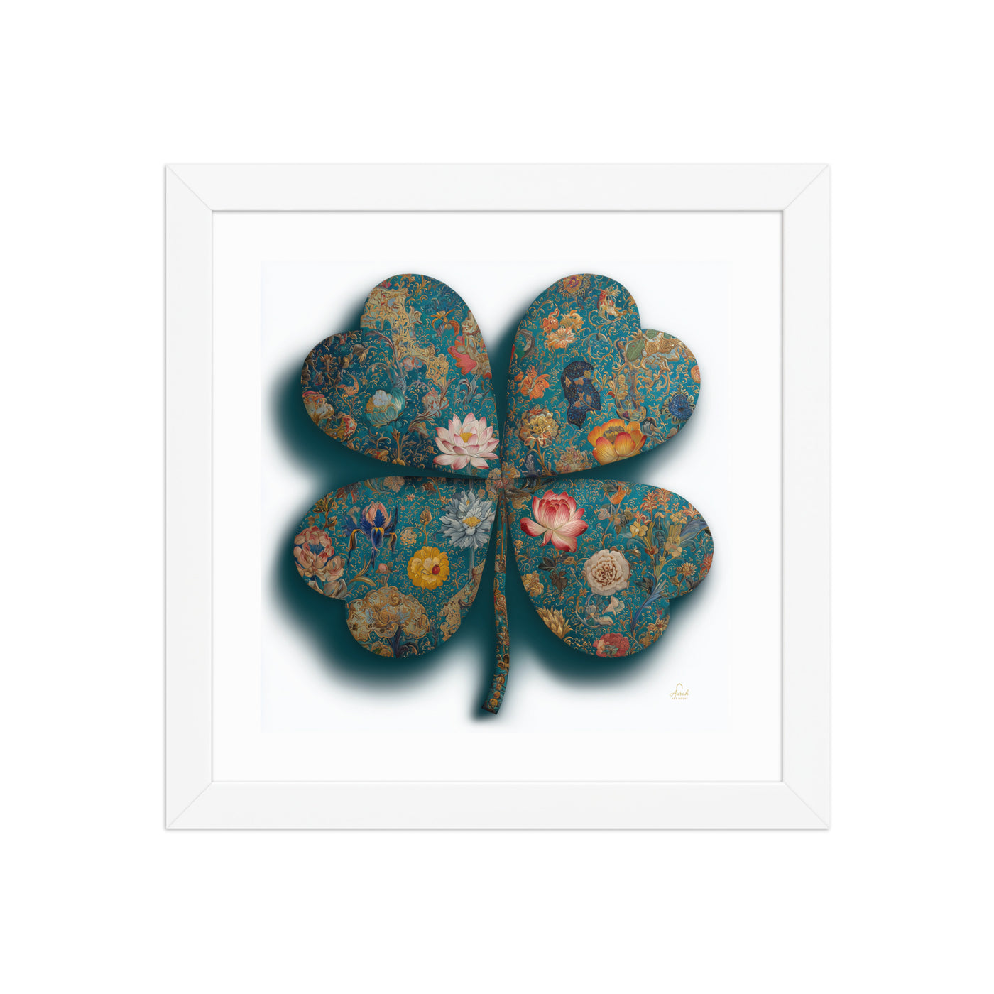 The Clover of a Thousand Blooms — Mughal Floral Canvas & Framed Wall Art, Teal Gold Clover Print, Indian Botanical Decor, Lotus Peony Marigold Art — view 13