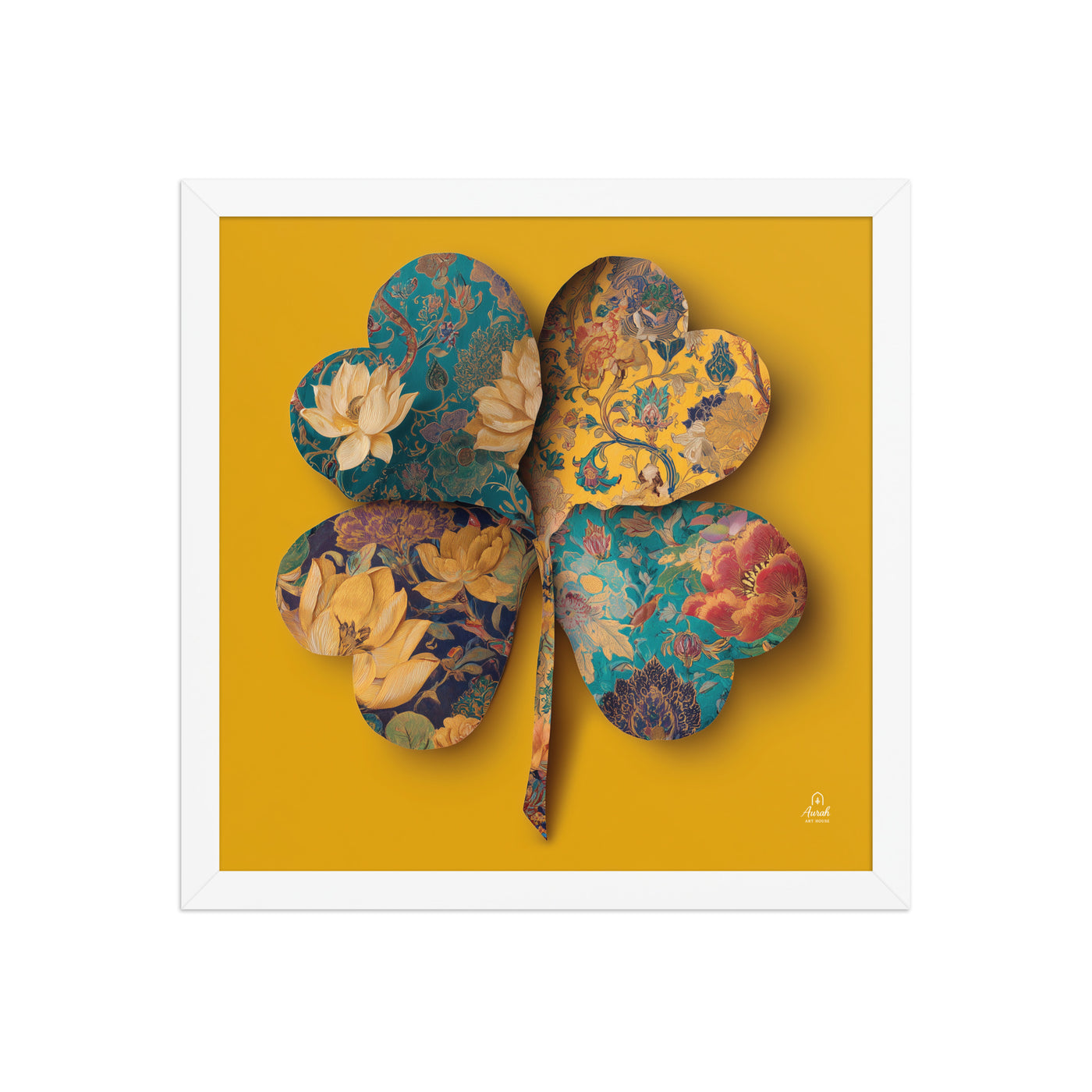 Four Gardens in Saffron - Mughal Floral Canvas & Framed Wall Art, Saffron Clover Print, Indian Botanical Decor, Gold Teal Lotus Art — view 7