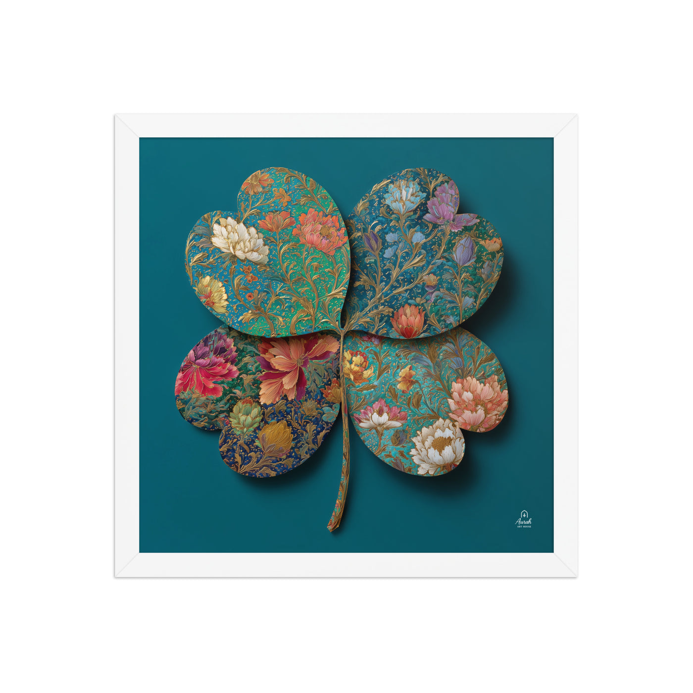 Four Gardens in Teal — Mughal Floral Canvas & Framed Wall Art, Peacock Blue Clover Print, Indian Botanical Decor, Sage Rose Teal Lotus Art — view 2