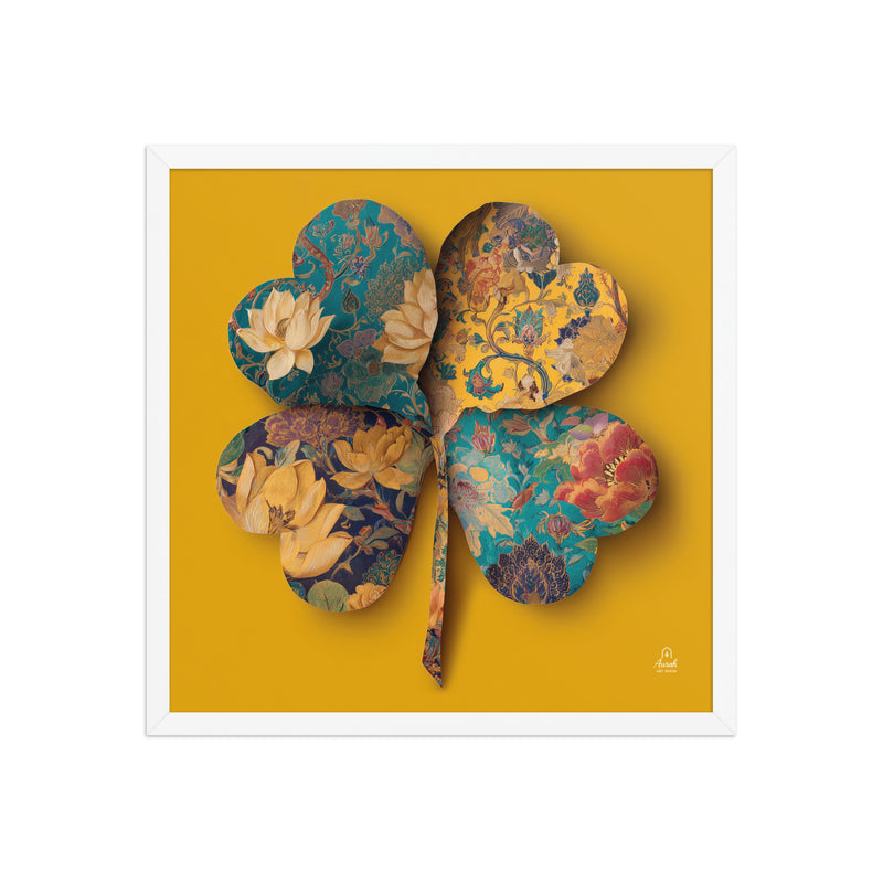 Four Gardens in Saffron - Mughal Floral Canvas & Framed Wall Art, Saffron Clover Print, Indian Botanical Decor, Gold Teal Lotus Art