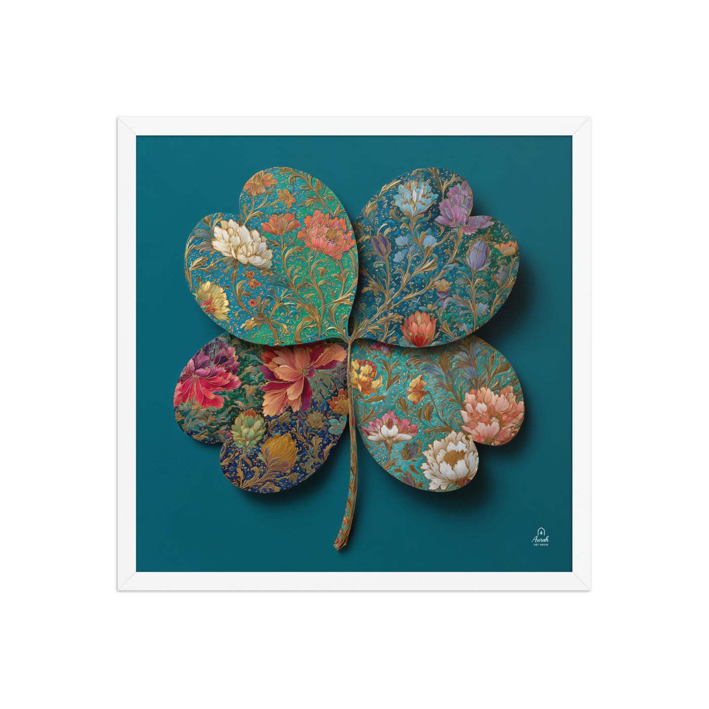 Four Gardens in Teal — Mughal Floral Canvas & Framed Wall Art, Peacock Blue Clover Print, Indian Botanical Decor, Sage Rose Teal Lotus Art — view 5