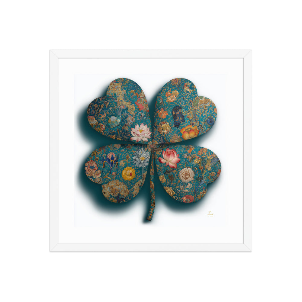 The Clover of a Thousand Blooms — Mughal Floral Canvas & Framed Wall Art, Teal Gold Clover Print, Indian Botanical Decor, Lotus Peony Marigold Art — view 8