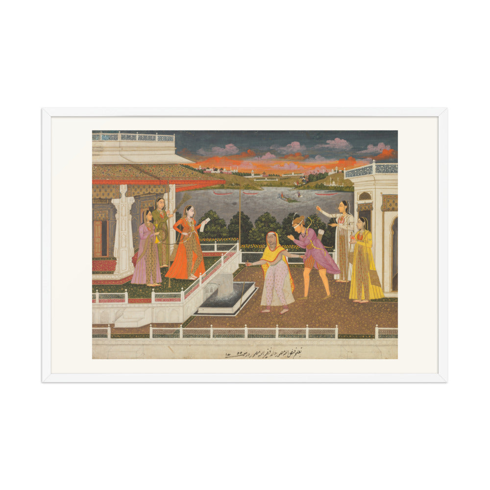 A blindfolded suitor is brought before a princess; verso: scrolling — Restored Mughal Wall Art — view 10