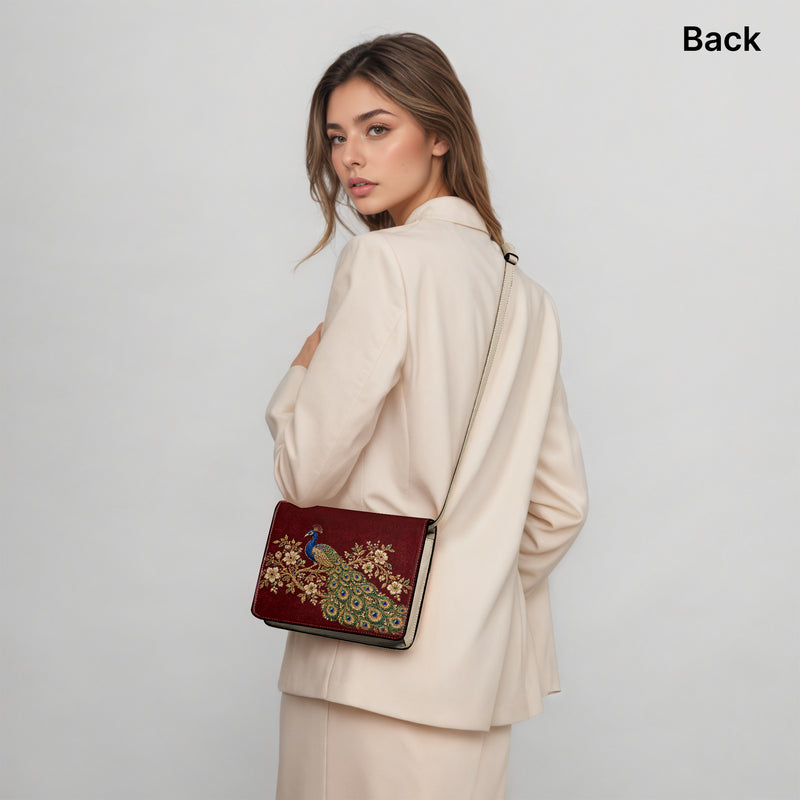 Zardozi Peacock — Maroon & Gold Book Crossbody Bag