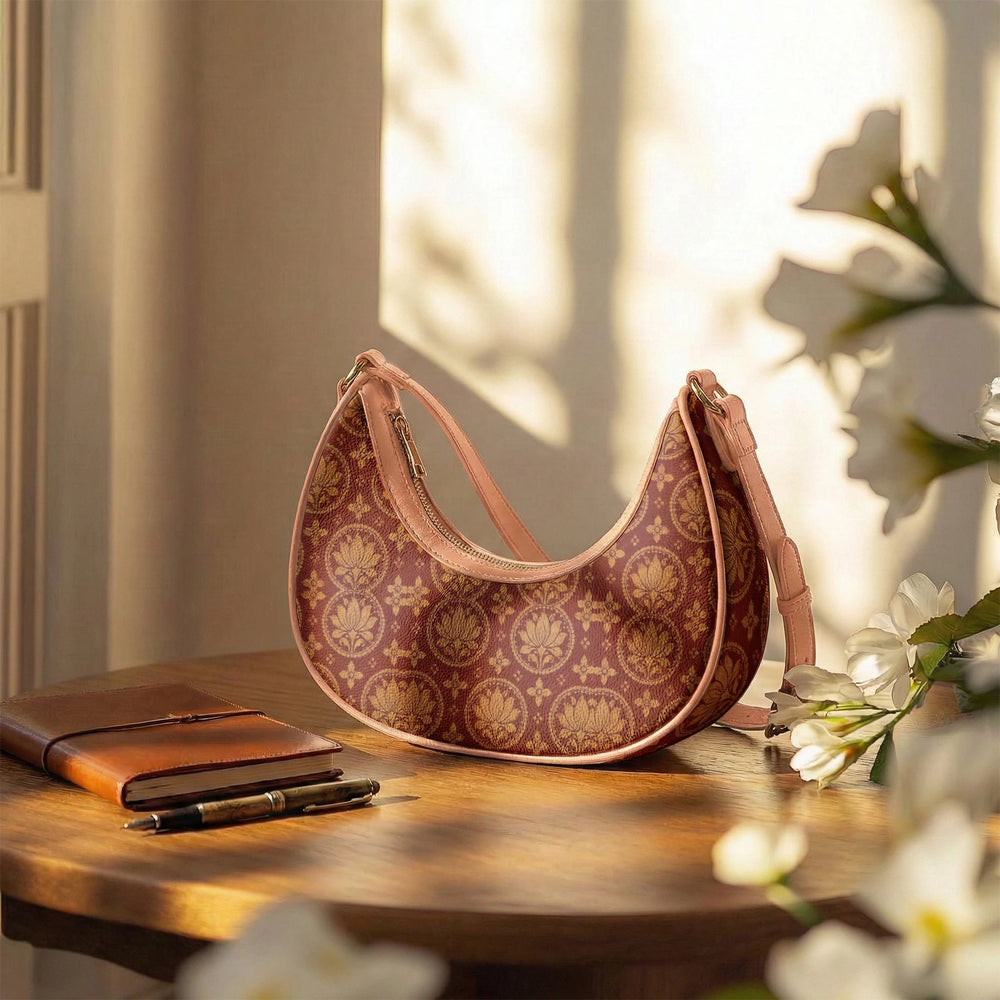 Bagru Lotus — Madder Red Crescent Shoulder Bag — view 12