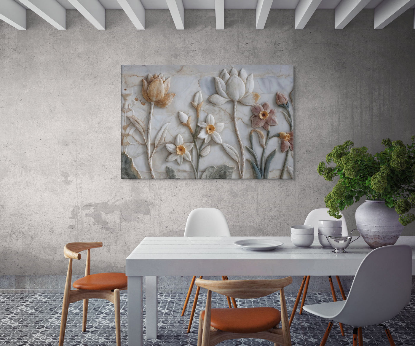 Ivory Lotus & Daffodil Relief Art – Sculptural Floral Wall Canvas — view 9