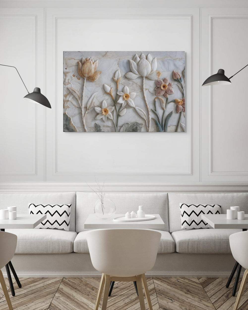 Ivory Lotus & Daffodil Relief Art – Sculptural Floral Wall Canvas — view 11