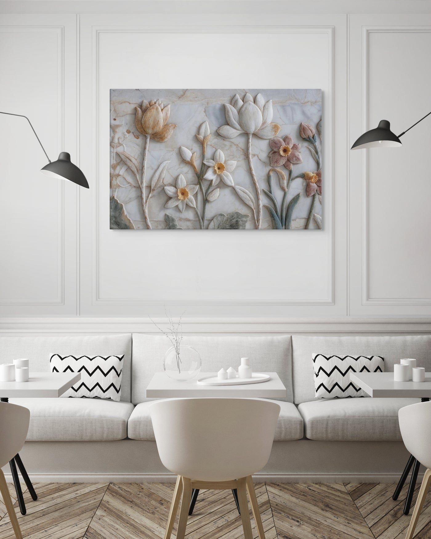 Ivory Lotus & Daffodil Relief Art – Sculptural Floral Wall Canvas — view 11