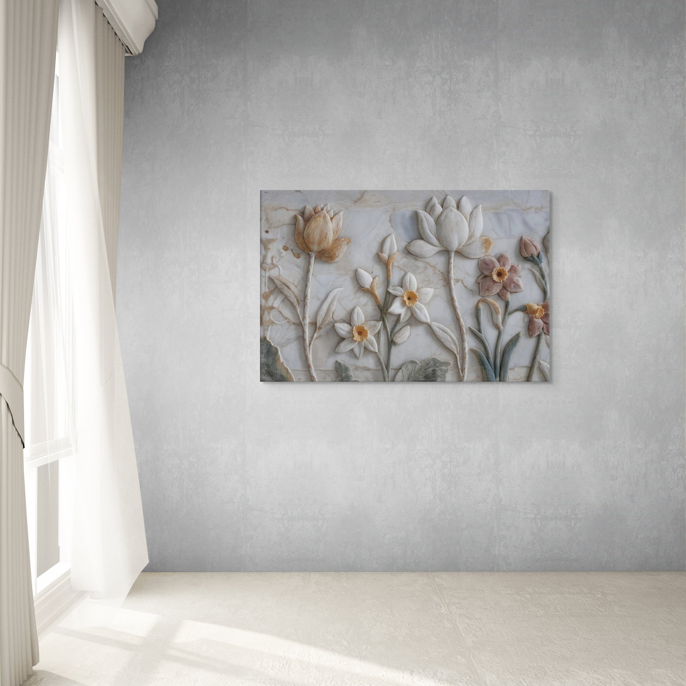 Ivory Lotus & Daffodil Relief Art – Sculptural Floral Wall Canvas — view 8