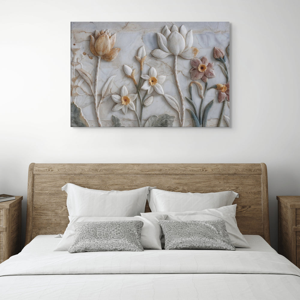 Ivory Lotus & Daffodil Relief Art – Sculptural Floral Wall Canvas — view 13