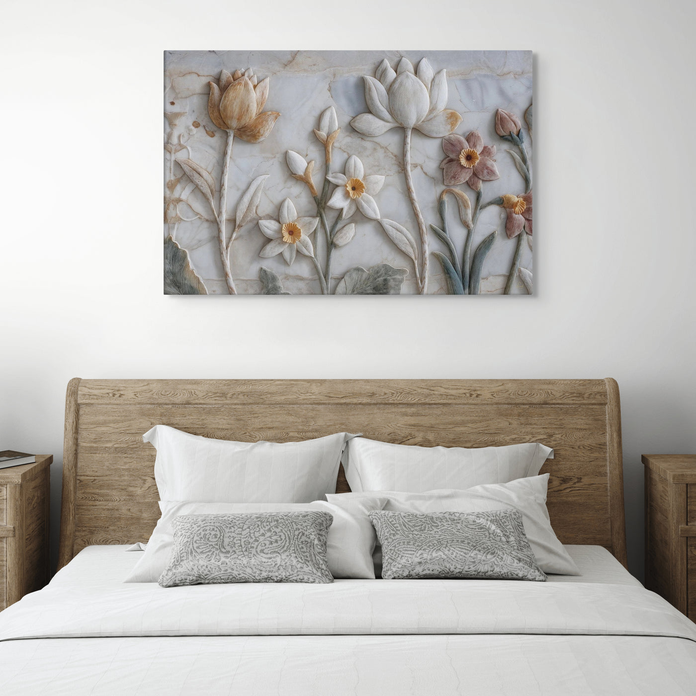 Ivory Lotus & Daffodil Relief Art – Sculptural Floral Wall Canvas — view 13