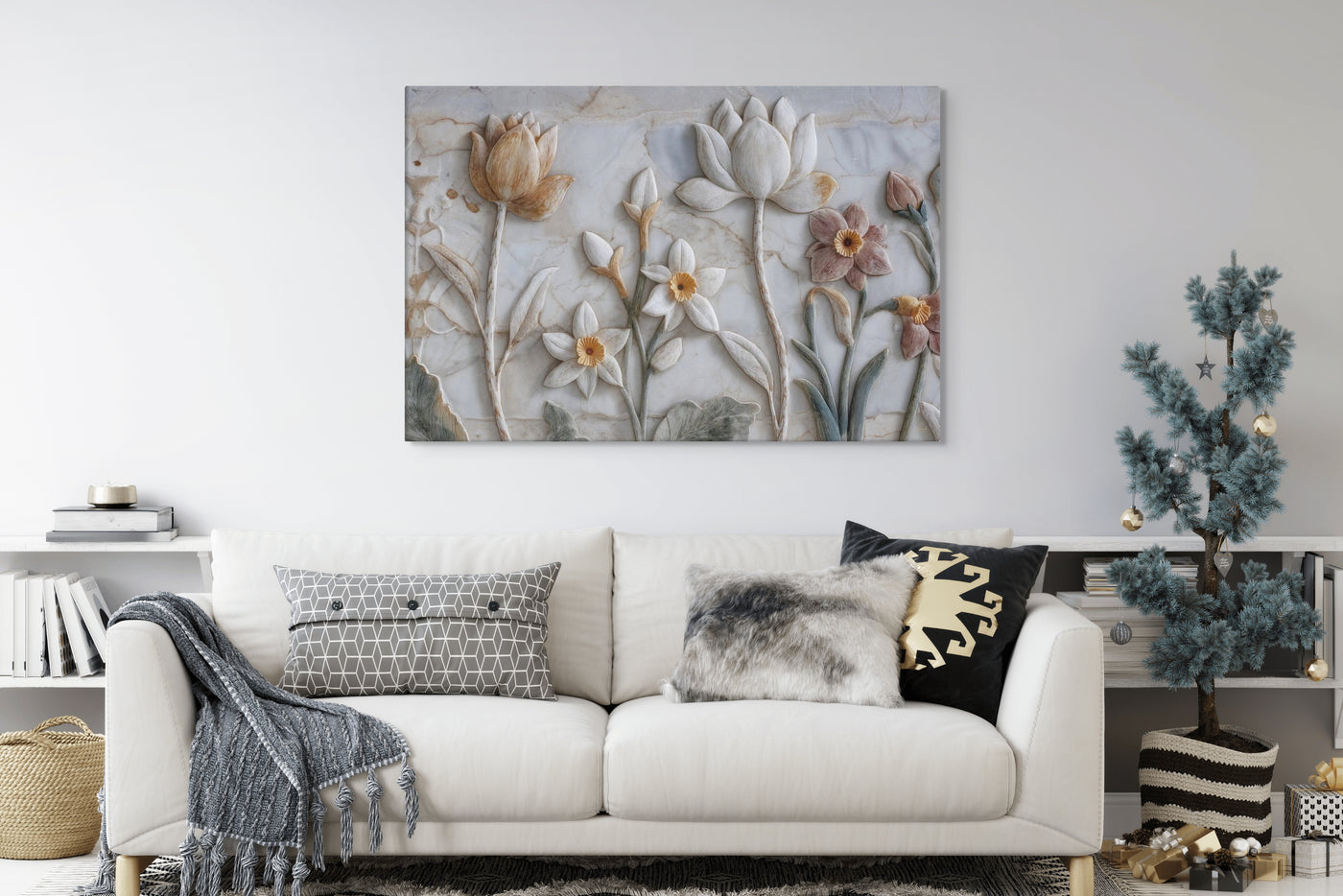 Ivory Lotus & Daffodil Relief Art – Sculptural Floral Wall Canvas — view 6