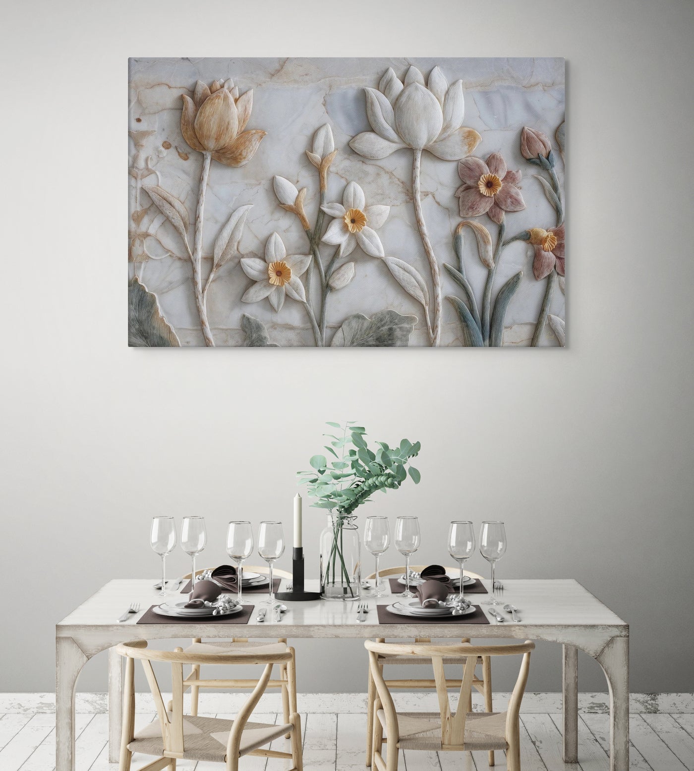 Ivory Lotus & Daffodil Relief Art – Sculptural Floral Wall Canvas — view 10