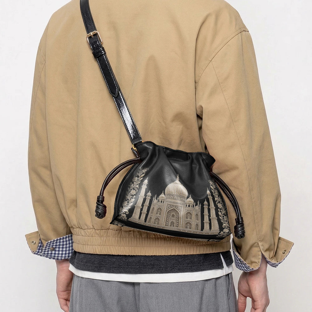 Taj Mahal — Black & Gold Drawstring Pouch Bag — view 9